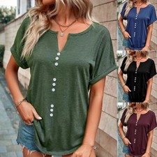 Womens Short Sleeve V Neck T Shirt Blouse Loose Tops Button Summer Casual Soli