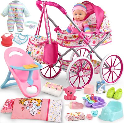 Baby Doll Stroller Toys Set with 12.5'' Baby Doll,Dining Chair,Quilt Pillow,24...