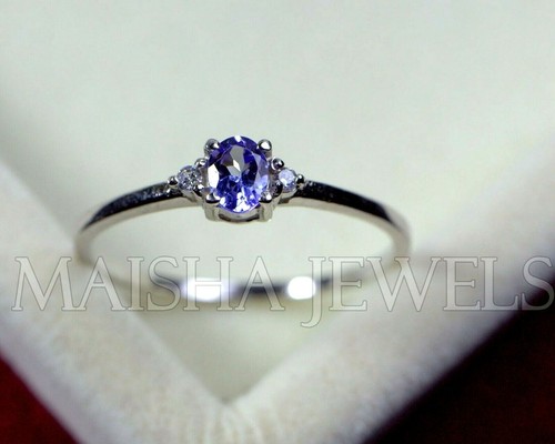 Natural Blue Tanzanite 925 Sterling Silver December Birthstone Dainty Prong Ring - Picture 4 of 6