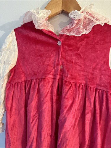 Girls vintage 4T Pink Velvet Dress Vest Silky Lace Sleeve - Picture 5 of 8
