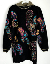 Vtg Jeanne Pierre 70s 80s Sweater tunic black and Paisley print collared sz L
