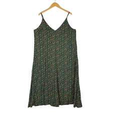 Natural Life Slip Dress Sz XL Green Micro Floral Boho Chic Western V Neck Strapy