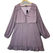 Lulus Lavender Swiss Dot Long Sleeve Dress XL V-Neck Pleated Boho Romantic