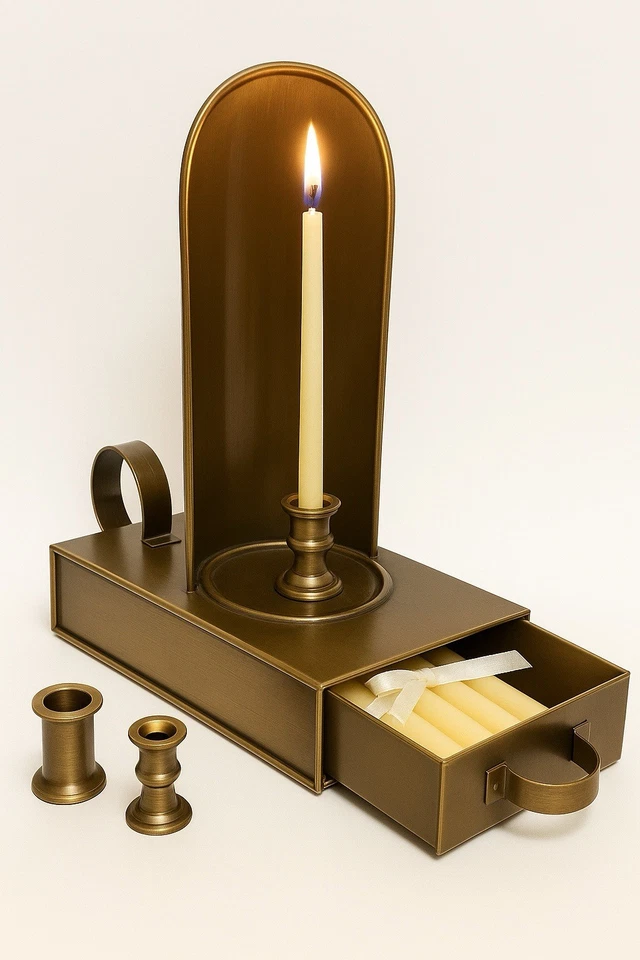 Candelabro de cámara de latón vintage con cajón de almacenamiento + suministro de velas para 30 días Foto 2 de 2