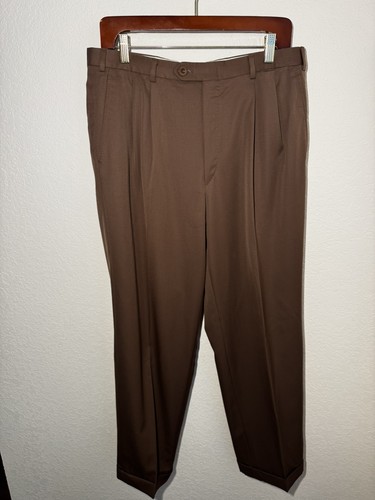 Brioni, Vintage Brioni Sport Pants Mens 34 Brown 100% Wool Gabardine Double Pleat Cuffed