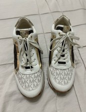 Michael Kors - White, Gold, and Brown MK Logo Leather Trainer Sneakers