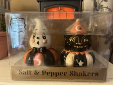 NEW Retro Johanna Parker Spooky Halloween Ghost & Cat Salt & Pepper Shakers Set 