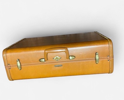 Samsonite Vintage Hard Shell Leather Suitcase Brown 1960s Locking Compartments 