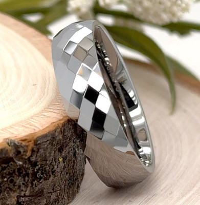 Silver Polished Tungsten 6MM Ring Multiple Facets Design Unisex Christmas Band