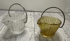 2 Vintage Coal Bucket Ashtray or Toothpick Holder Green & Clear Metal Handles