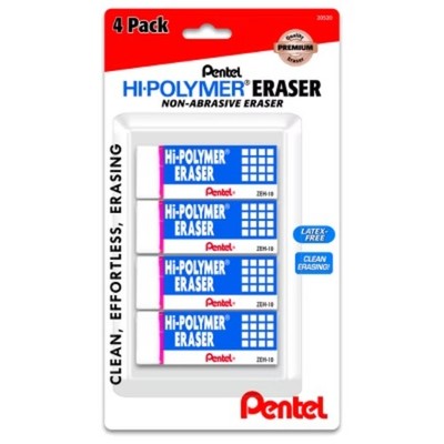 Pentel Hi-Polymer Erasers - 4ct: White PVC, Writing Utensil, Right/Left-Handed