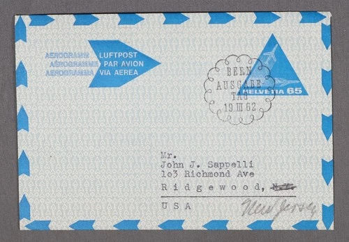 MayfairStamps Switzerland FDC 1962 Bern to Ridgewood NJ First Day Aerogramme aax