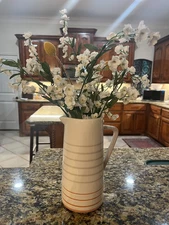 Farmhouse Decor EARTHENWARE Decorative Pitcher 8 1/2" Cream Color w Grey handle