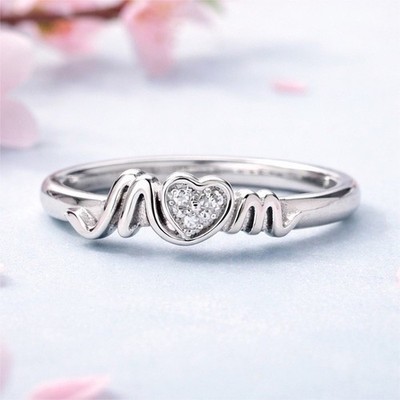 Anillo Plata Corazón 'Mom' Estilo Charm Plateado Día de la Madre Plata .925
