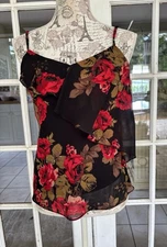 Guess S Ruffle Sleeveless Tank Top Blouse Black with Red Roses NWT Lined V Neck
