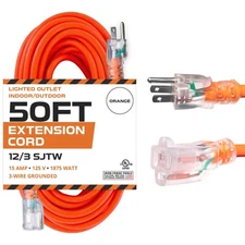 50 Ft Orange Extension Cord - 12/3 SJTW Heavy Duty Lighted Outdoor