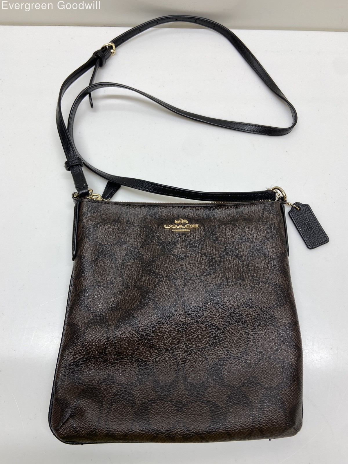 Coach Women's Brown Black Signature Print Adjustable Strap Crossbody Bag