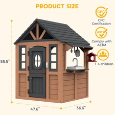 Kids Outdoor Playhouse, Wooden Playhouse with Play Kitchen, Working Doorbell,...