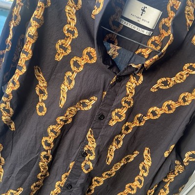 Retro Shirt Father Sons Tony Soprano Stretch Slim Fit Black Gold Chain Print XL