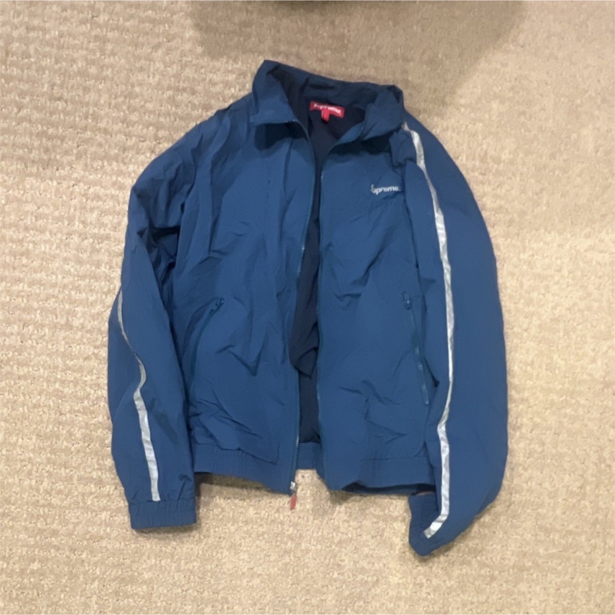 Supreme Blue Windbreaker Jacket L 3M Reflective Stripe Logo Full