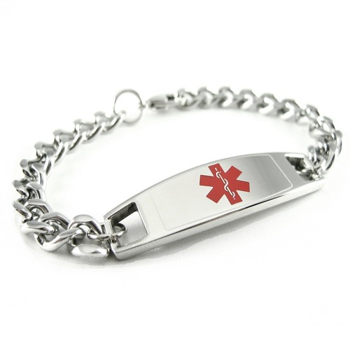 Medical Alert ID Bracelet, Custom Engraved Tag, Curb Chain Red i4C-BS1