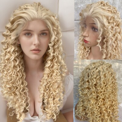 Long Blond Curly Human/Blend Human Hair Blend Curly Blonde Light Brown Tangerine Mix Wig  main image 3
