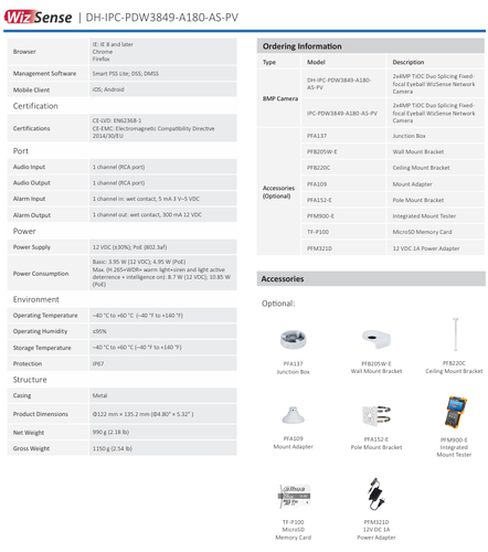 DAHUA Panoramic 180° EPTZ 8MP 4K IPC-PDW3849-A180-AS-PV TiOC2.0 2x 4mp IP Camera - Picture 5 of 24