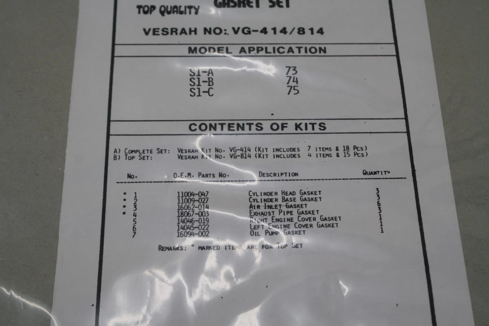 1973 1974 1975 KAWASAKI S1 A/B/C COMPLETE GASKET SET KIT VESRAH MADE IN JAPAN - Image 4 of 4