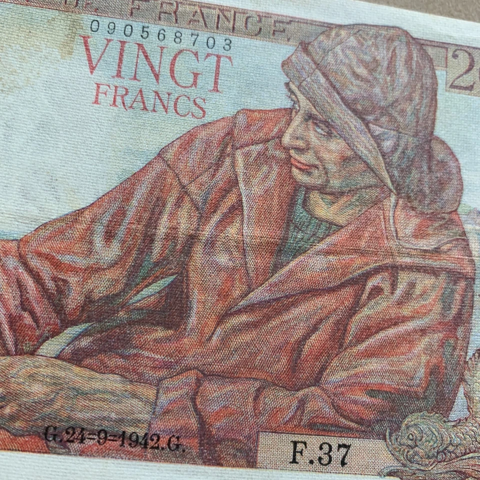Scarce Currency 1942 France 20 Francs Banknote Breton Fisherman & Women Currency - Image 3 of 4