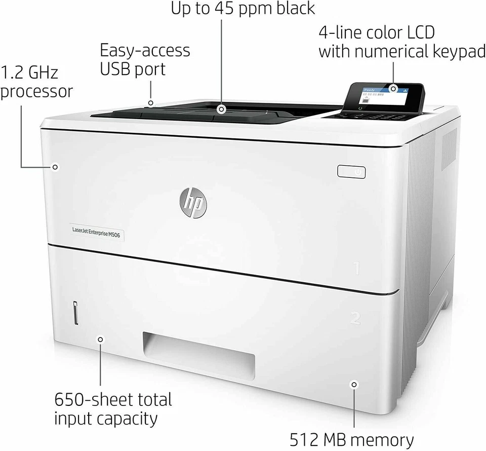 HP LaserJet Enterprise M506n Printer USB Network Mono 4.3" LCD Tray 512MB F2A68A - Image 2 of 4