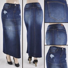 Women 38" Long Skirt Stretch Denim No slit pencil moto skirt dark wash WG-89009