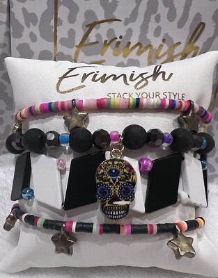 NEW! ERIMISH BRACELETS 4 Pc Stack Multicolor HALLOWEEN  Sugar Skull