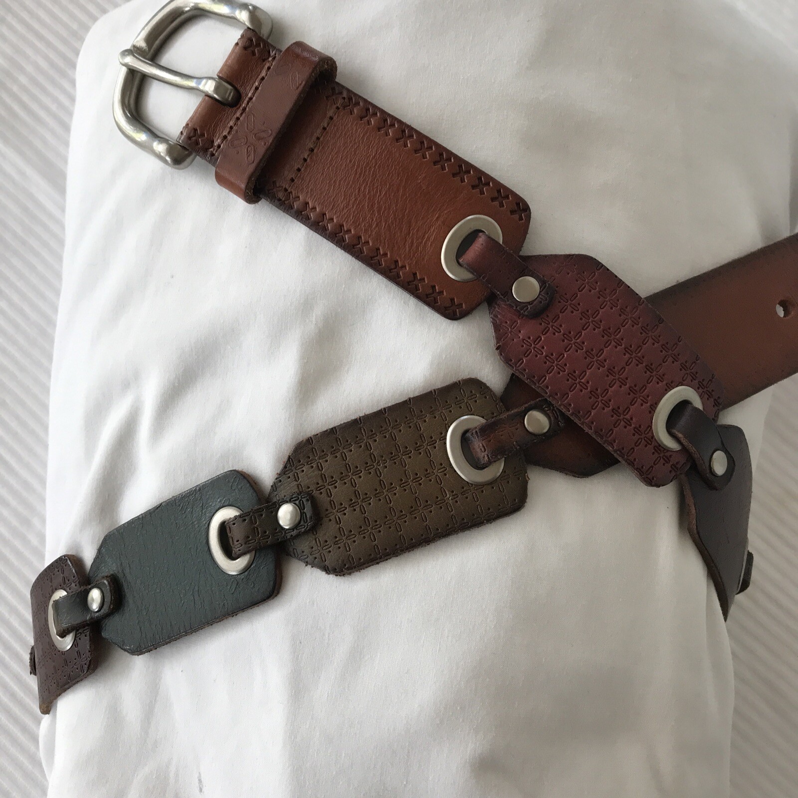 Fossil Leather Patchwork Belt Tooled Patterns Stu… - image 1