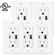 5 Pack Type C Dual USB Port Wall Socket Charger AC Power Receptacle Outlet Plate