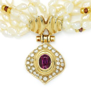 Vintage-Tourmaline-amp-Diamond-Pendant-Multi-Strand-Pearl-Necklace-14K-Gold-2-00ct