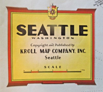 VTG 1944 Seattle Washington Map 22x34'' Kroll Map Company Advertising