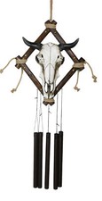 Country Rustic Western Bison Bull Skull On Branchwood Decorative Wind Chime