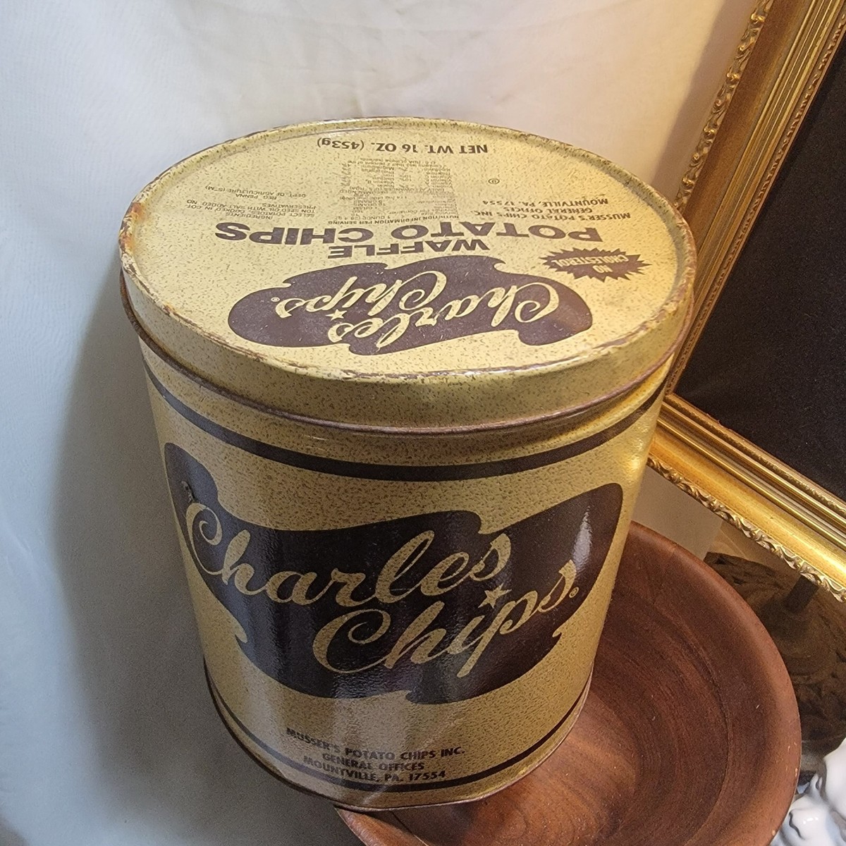 Huge Vintage CHARLES CHIPS Co. POTATO Chip Tin Can Musser's