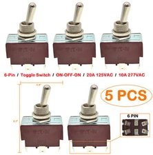5 PCS Eaton Heavy Duty DPDT ON/OFF/ON Toggle Switch 3 Position 20A 125V/10A 277V