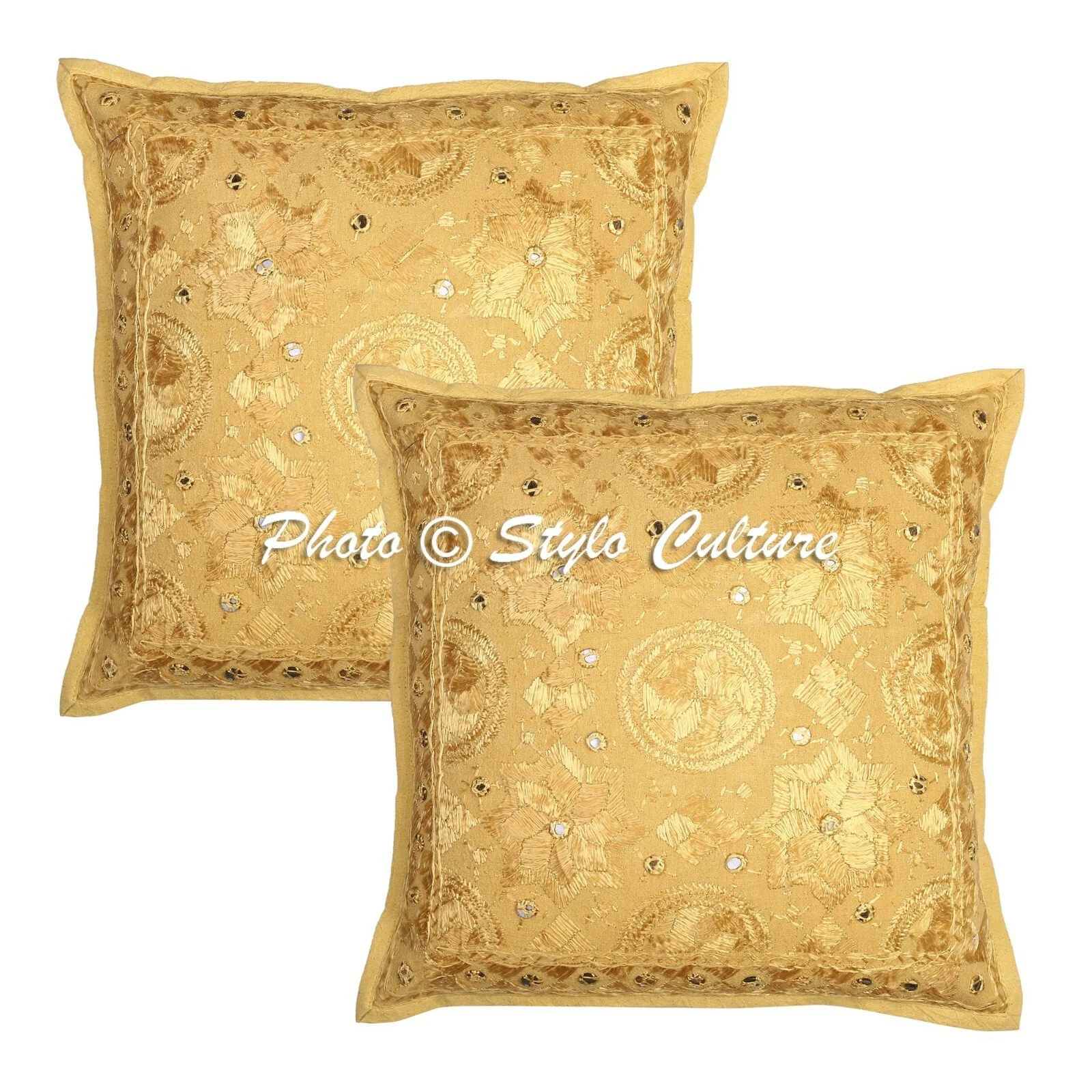 Ethnic Cotton Mirrored Ochre Yellow 16x16 Embroidered Throw Pillow Covers