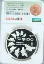 1987 MEXICO SILVER 100 PESOS MONARCH BUTTERFLY NGC PF 69 ULTRA CAMEO RARE BEAUTY