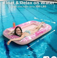 Inflatable Tanning Pool Lounger Float 70" x 46" Pool Floats Adult w/Pillow PINK