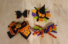  4 Halloween Girl Hair Bow Hair Clip Ribbon Orange Black LOT OF 4
