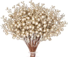 36PCS Christmas Glitter Berry Stems 9.5" Tree Picks Champagne
