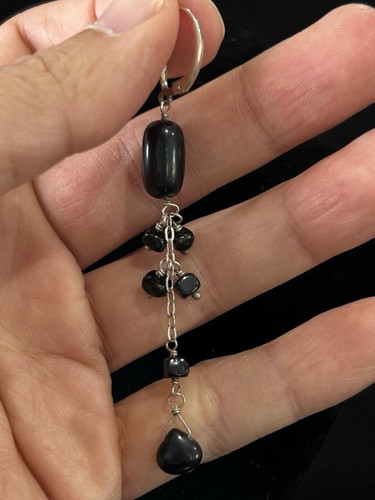 Vintage Earrings Silver 925 Black Onyx Dangle Art Deco Long - Picture 3 of 5