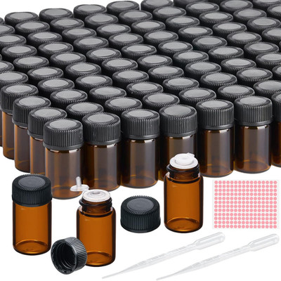 100 Pack 2ml Amber Glass Bottles with Caps Labels and Dropper Sample Vials for
