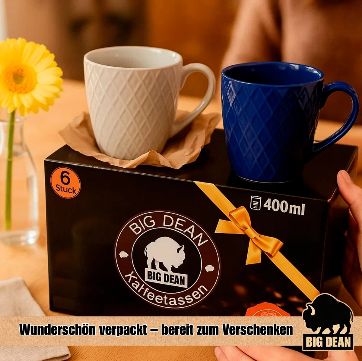 6x Hochwertiges Kaffeetassen Set farbig 400ml matt Kaffeebecher Keramik