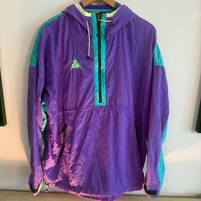 Nike ACG Vintage Style Half-Zip Ripstop Anorak Hooded Jacket Purple and Teal