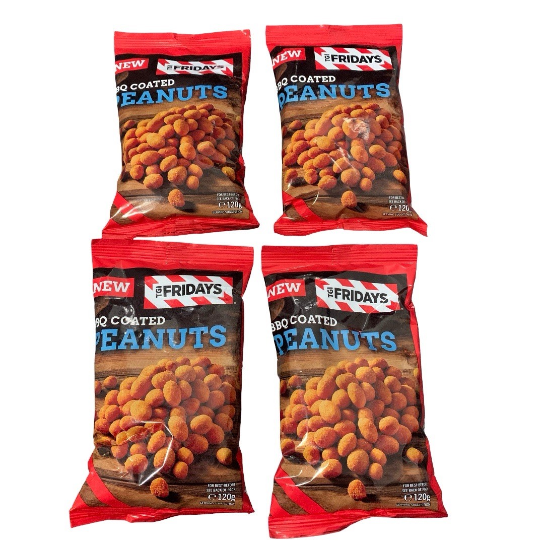 Peanuts By TGI Fridays - BBQ Coated. 4 x 120g. Delicious Vegetarian Crunchy Nuts