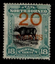 NORTH BORNEO GV SG177a, 20c on 18c blue-green, UNUSED. Cat &pound;275. PERF 14&frac12;-15